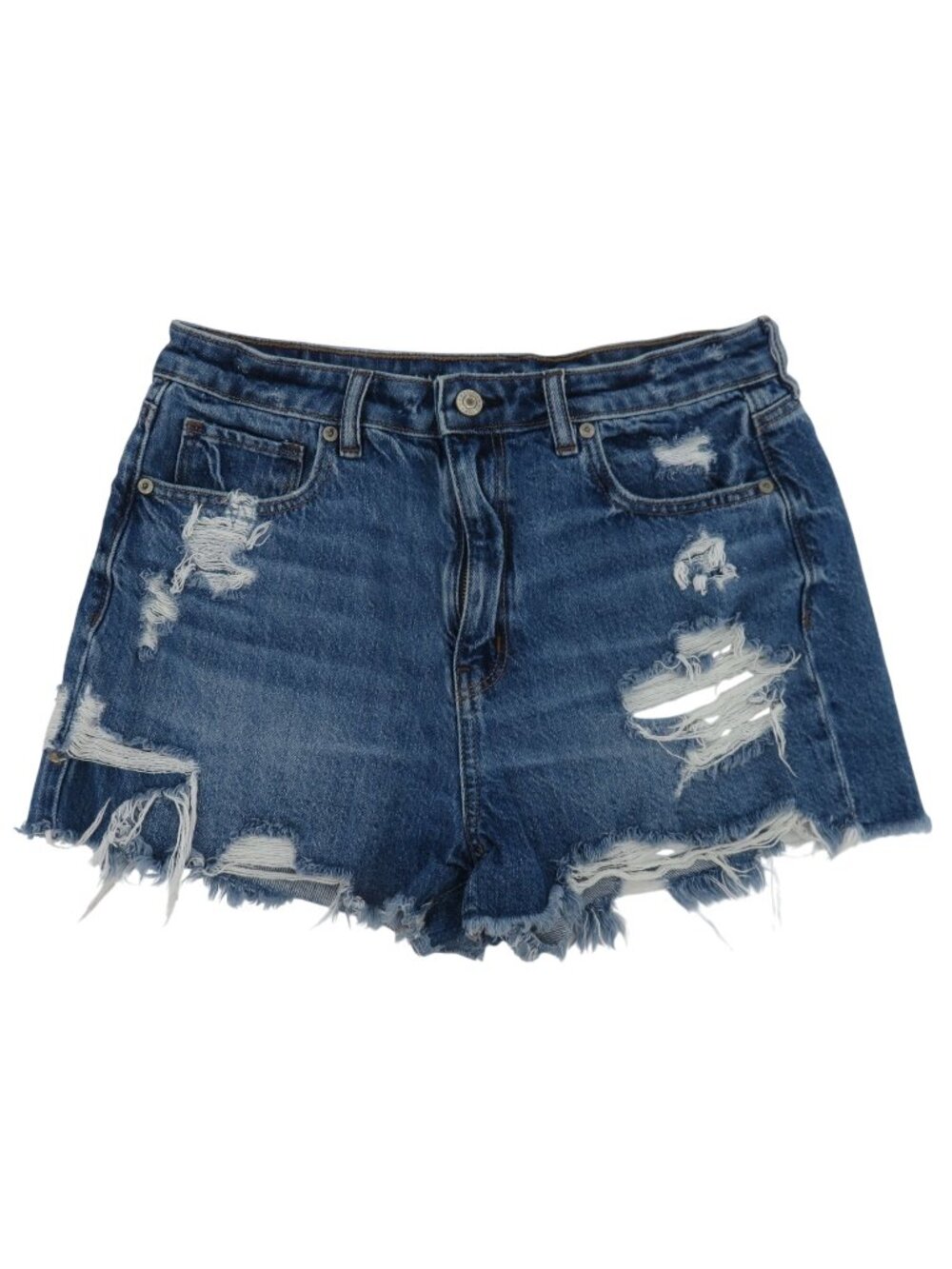 American Eagle Women 8 Mom Short Blue Denim Jean Shorts Distressed Raw Hem